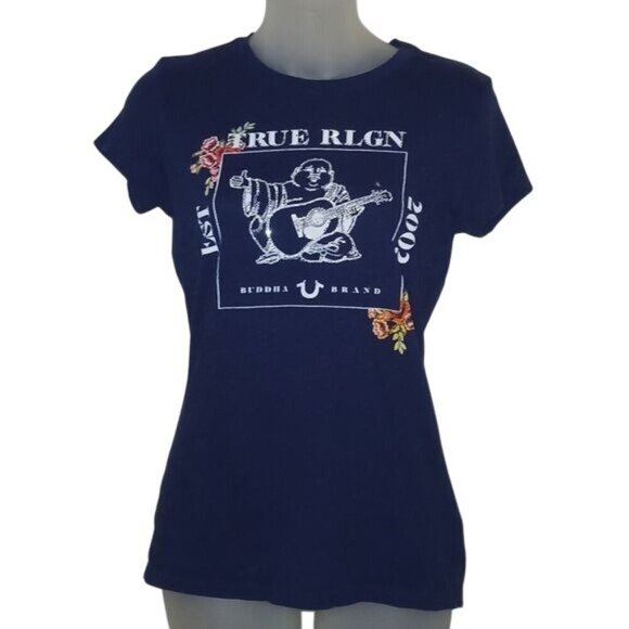 True Religion Navy Rhinestone Crewneck T-shirt - Picture 1 of 6